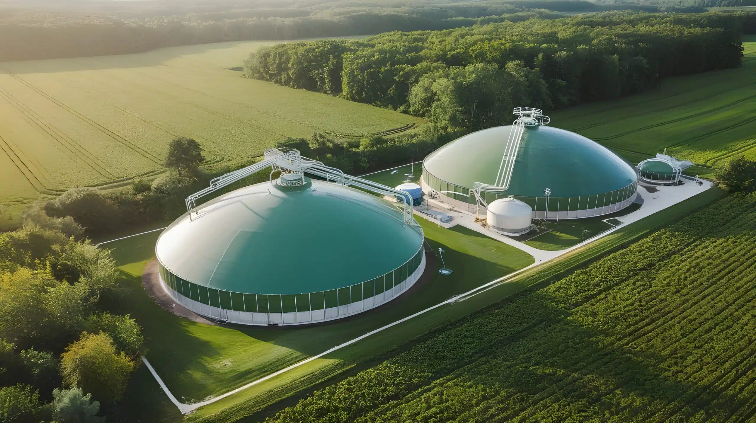 Biogasanlage mit zwei Gärbehältern aus der Luft