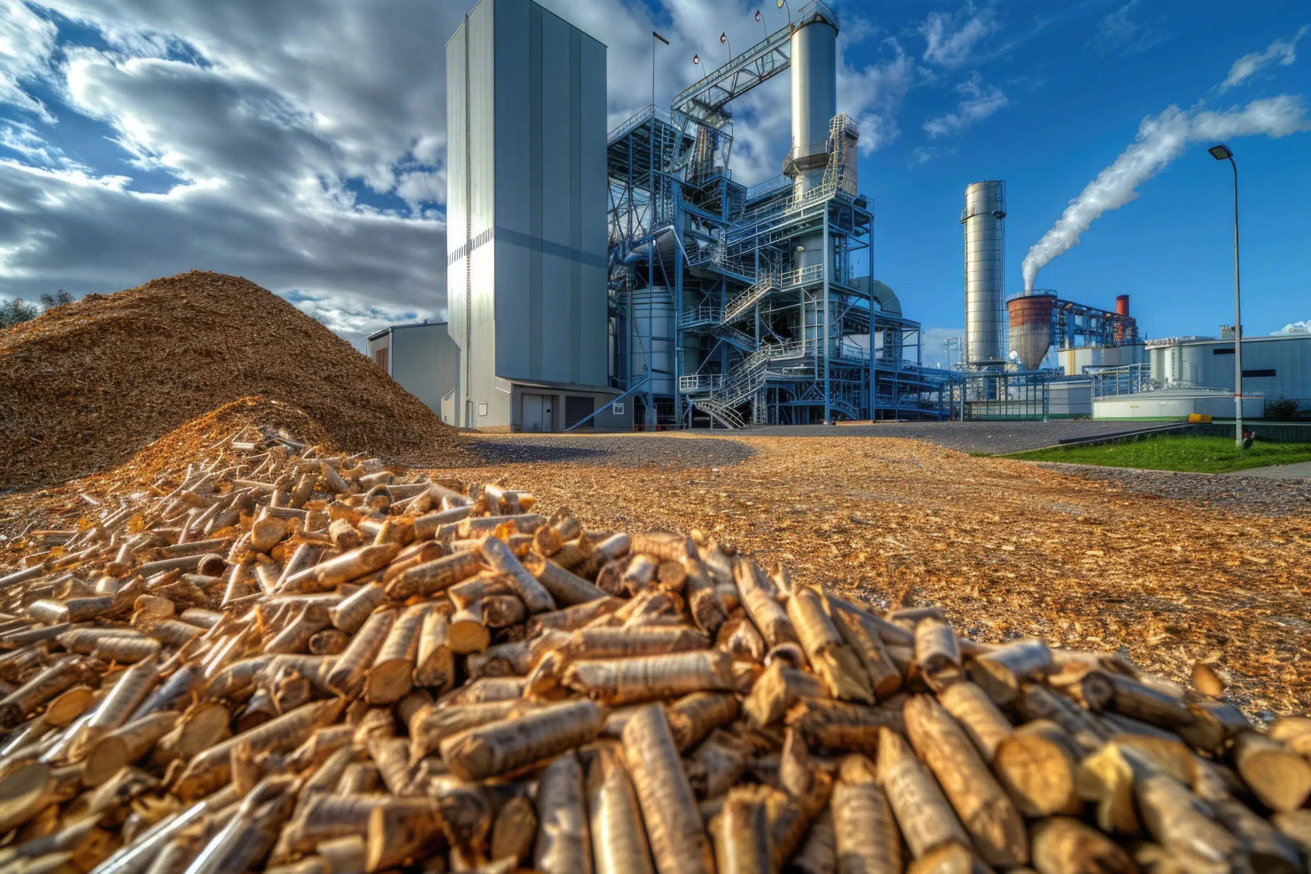 Biomasse-Heizkraftwerk mit Holzpellets im Vordergrund